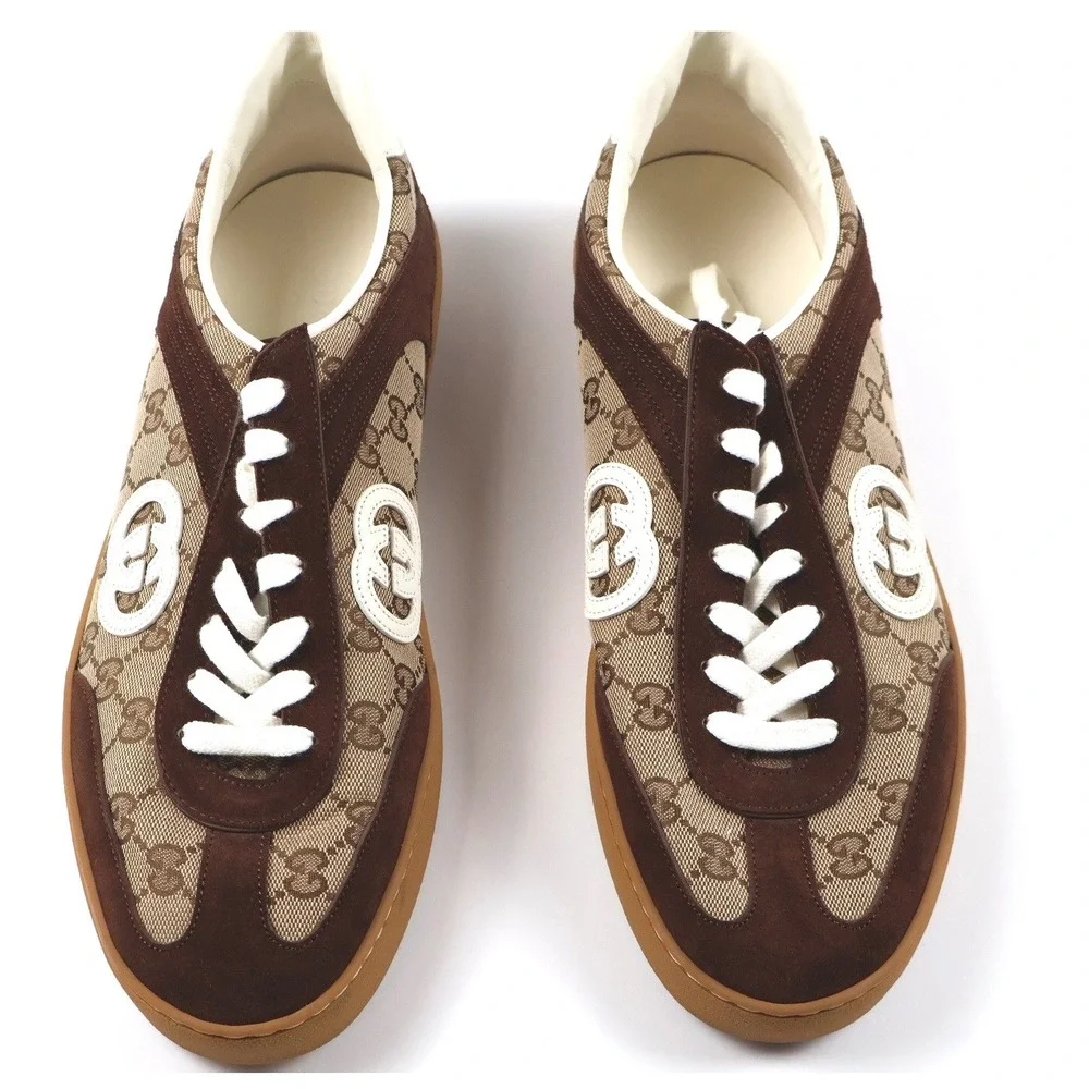 Gucci Mens Sneakers GG Supreme Suede Low Top Brown Monogram 14 Leather NEW $770